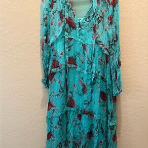 Chic Long Sleeve Floral Silk Dress - Teal and Red
